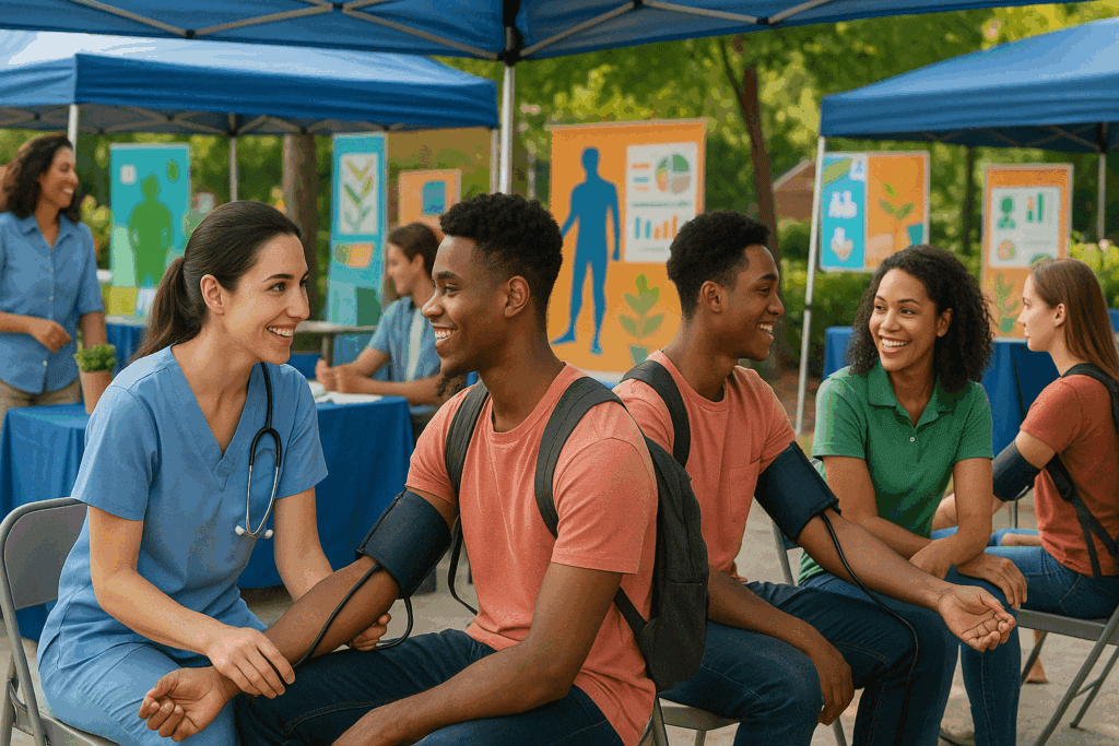 Young adults at a community health fair getting blood pressure checks from nurses, illustrating preventive care efforts and raising awareness about why do I have high blood pressure in my 20s.