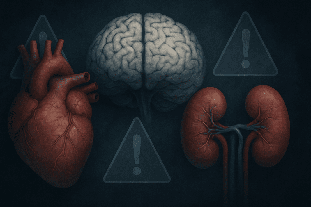 Human heart, brain, and kidneys surrounded by translucent warning symbols, illustrating the hidden dangers of high blood pressure.