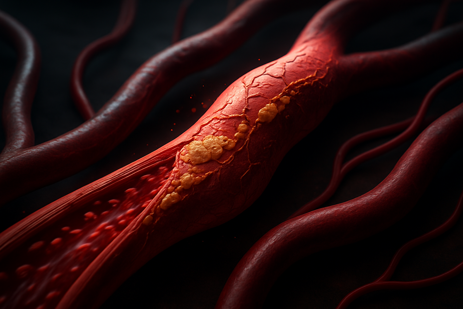 3D rendering of arteries and veins under strain with blood flowing forcefully, depicting vascular damage caused by high blood pressure.
