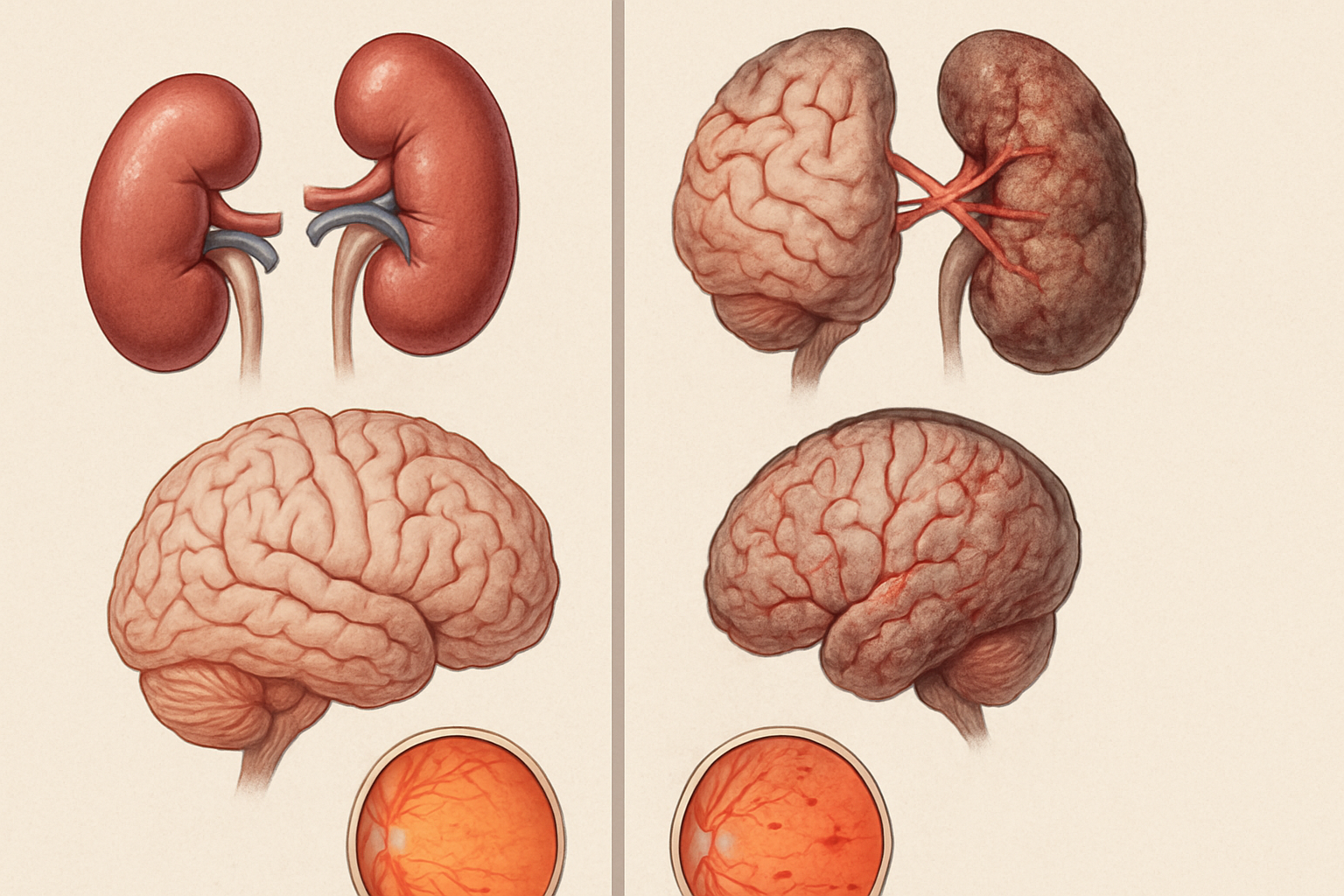 Split-screen medical illustration showing healthy kidney, brain, and retina on one side, and organs subtly damaged by high blood pressure on the other.