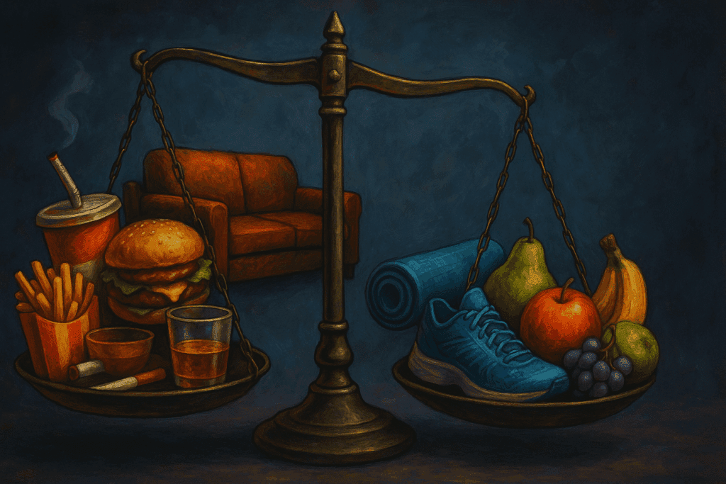 Balancing scale weighed down by fast food, alcohol, cigarettes, and a couch on one side, with fruits, running shoes, and a yoga mat on the other, symbolizing lifestyle choices that contribute to high blood pressure.