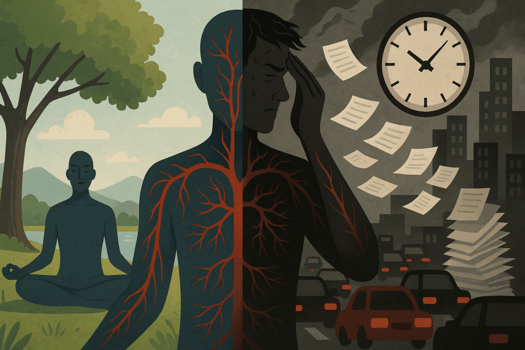 Calm and stressed human figure split in half, symbolizing how mental health impacts high blood pressure, with blood vessels highlighted.