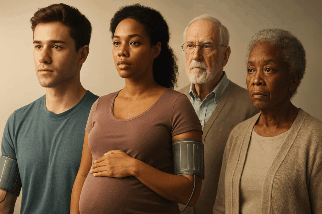 Diverse group of young adults, pregnant women, and elderly individuals wearing blood pressure cuffs to highlight high blood pressure monitoring in vulnerable populations.