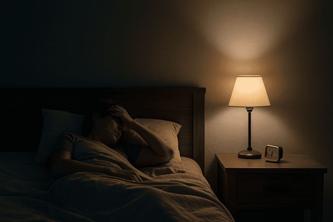 A dimly lit bedroom features an unmade bed beneath a warm bedside lamp, casting soft shadows against a textured gray wall. The moody, nighttime setting subtly reflects how poor sleep environments and disrupted rest may contribute to elevated blood pressure in the morning.
