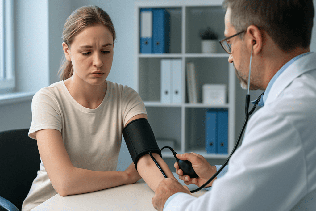 In a well-lit medical office, a young woman looks visibly anxious as a doctor takes her blood pressure using a stethoscope and cuff. The clean, clinical setting and natural light underscore the importance of professional monitoring for individuals concerned about elevated morning blood pressure and its impact on cardiovascular health.