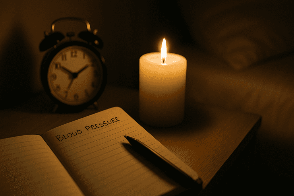 A bedside table glows with soft candlelight, featuring a journal labeled "Blood Pressure," a black pen, and a classic alarm clock reading 10:08. The warm ambient lighting and quiet nighttime setting evoke introspection and suggest a symbolic link between sleep habits, nighttime stress, and high morning blood pressure.