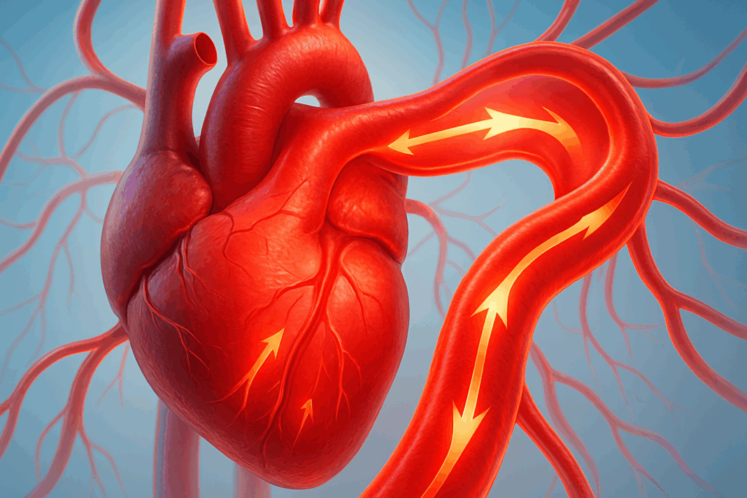 Illustration showing a human heart and arteries with blood flow pressure dynamics, visualizing Why is my diastolic pressure high.