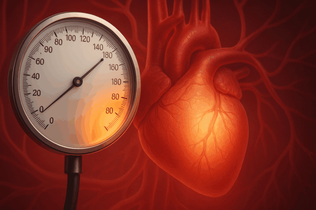 Blood pressure gauge showing diastolic range highlighted with arteries and heart in background, illustrating Why is my diastolic pressure high.