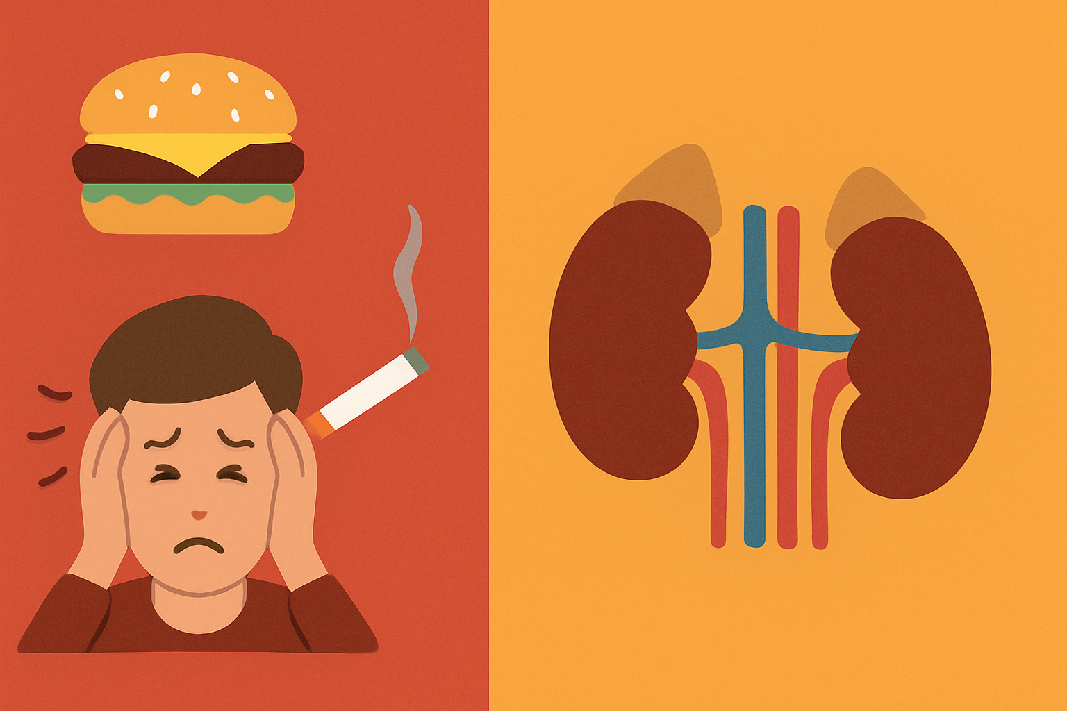 Split-screen illustration showing lifestyle causes like unhealthy food, smoking, and stress alongside adrenal glands and kidneys, visualizing Why is my diastolic pressure high.