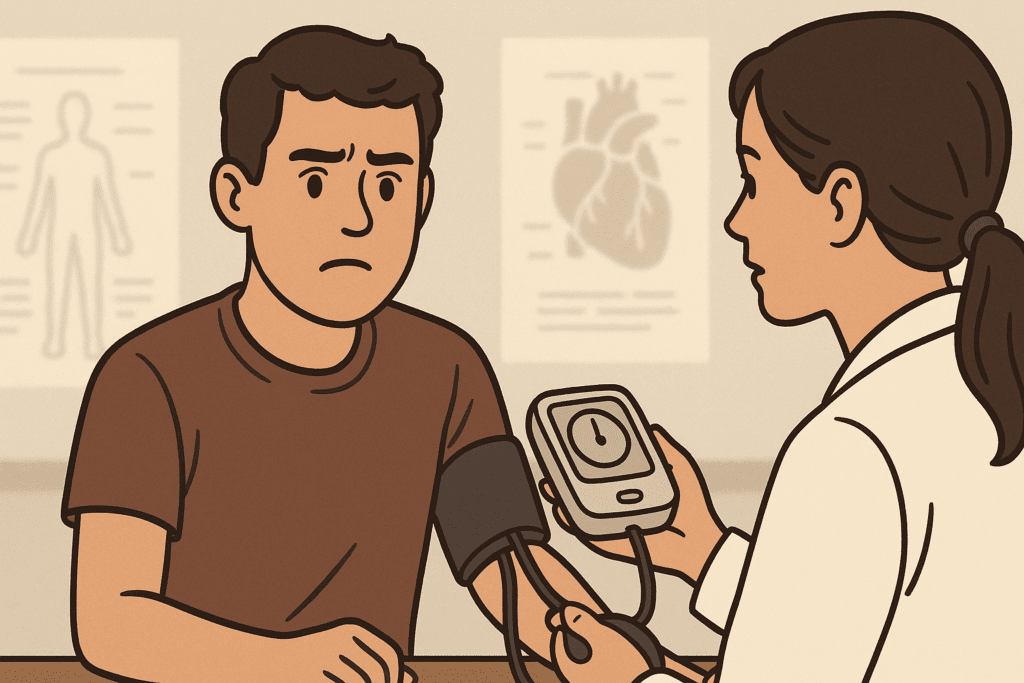 Young adult looking concerned while getting blood pressure checked at doctor’s office, illustrating Why is my diastolic pressure high.