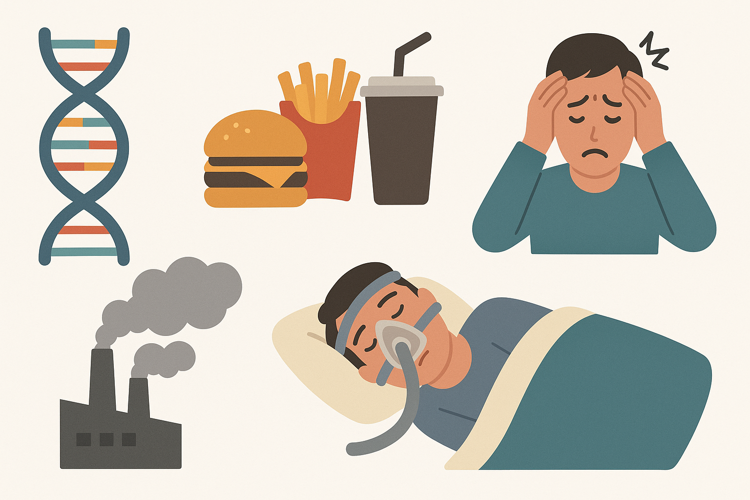 Causes behind the question Why is my diastolic pressure high, shown through visuals of genetics, poor diet, stress, pollution, and sleep apnea.