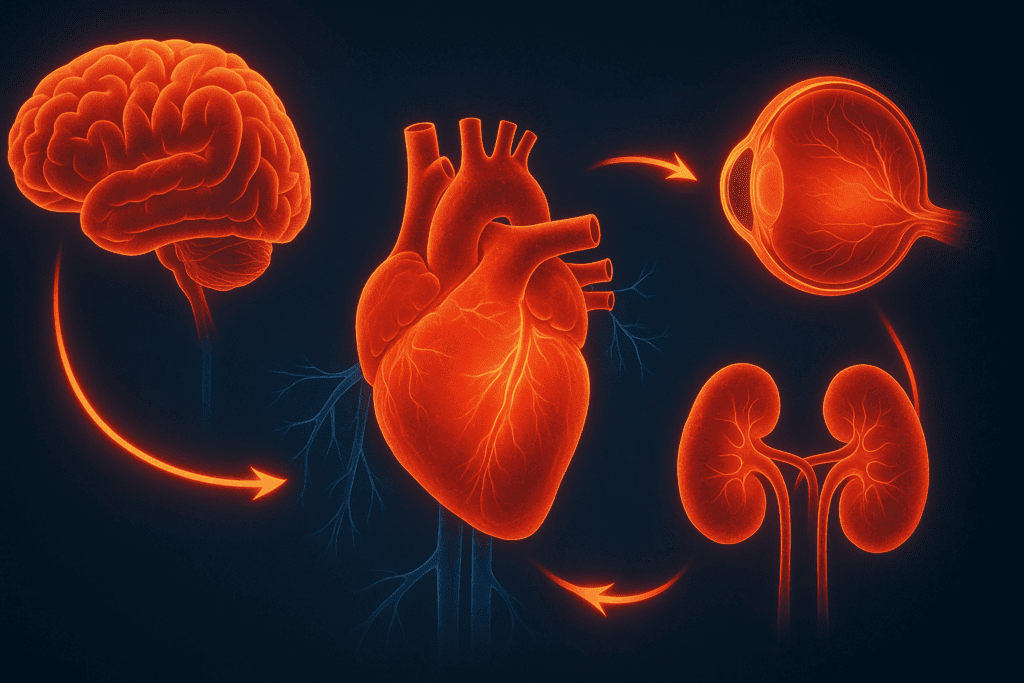 Diagram showing organ damage pathways linked to high blood pressure, illustrating brain, heart, kidney, and eye effects for Why is my diastolic pressure high.