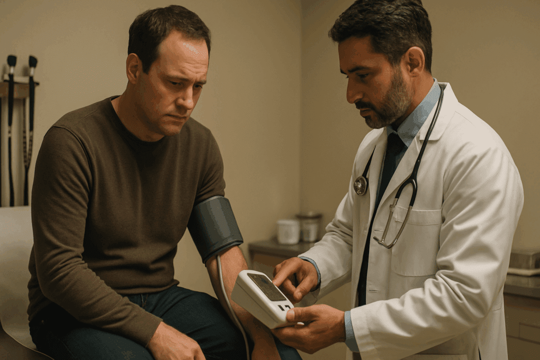 Concerned patient sitting on an exam table as a doctor reviews blood pressure monitor results, highlighting blood pressure still high after taking medication.
