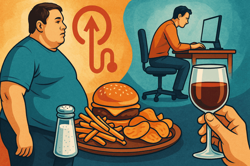 Collage of factors contributing to blood pressure still high after taking medication, including an overweight man, salty foods, sedentary desk work, and alcohol consumption.