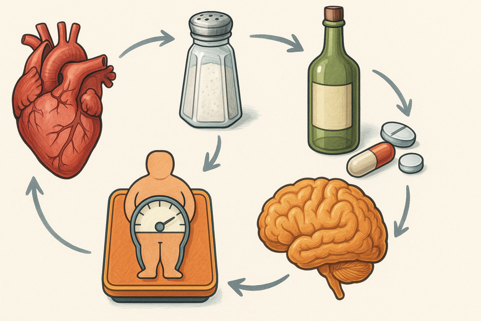 Colorful infographic showing reasons blood pressure still high after taking medication, including heart health, salt intake, alcohol, obesity, stress, and medication adherence.