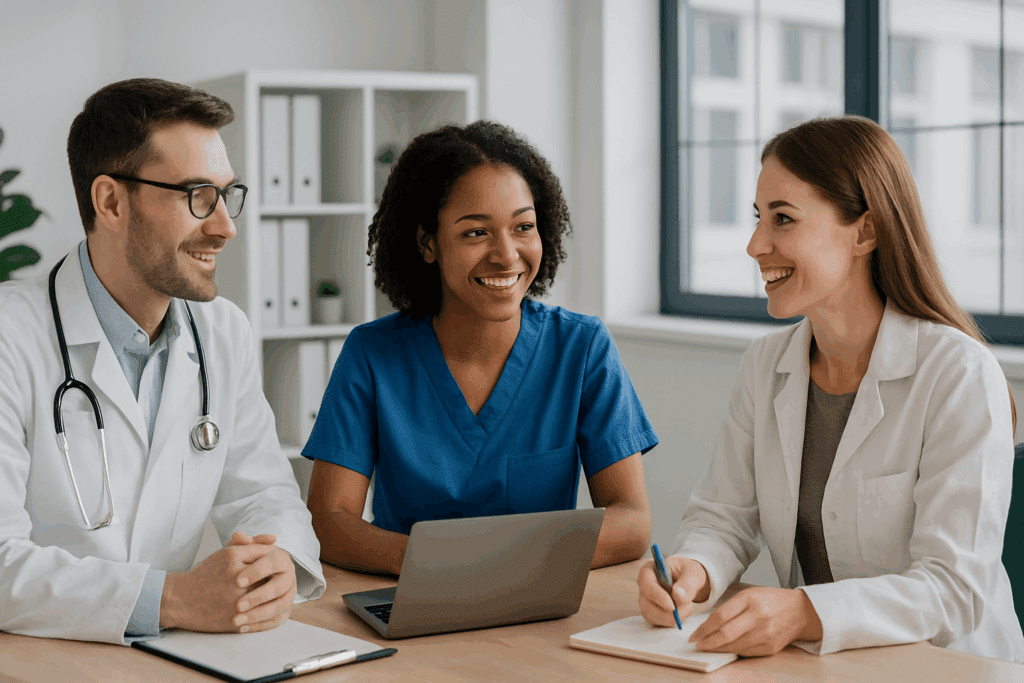 Healthcare team of doctor, nurse, and dietitian collaborating on patient care plan in a modern clinic, discussing blood pressure still high after taking medication.