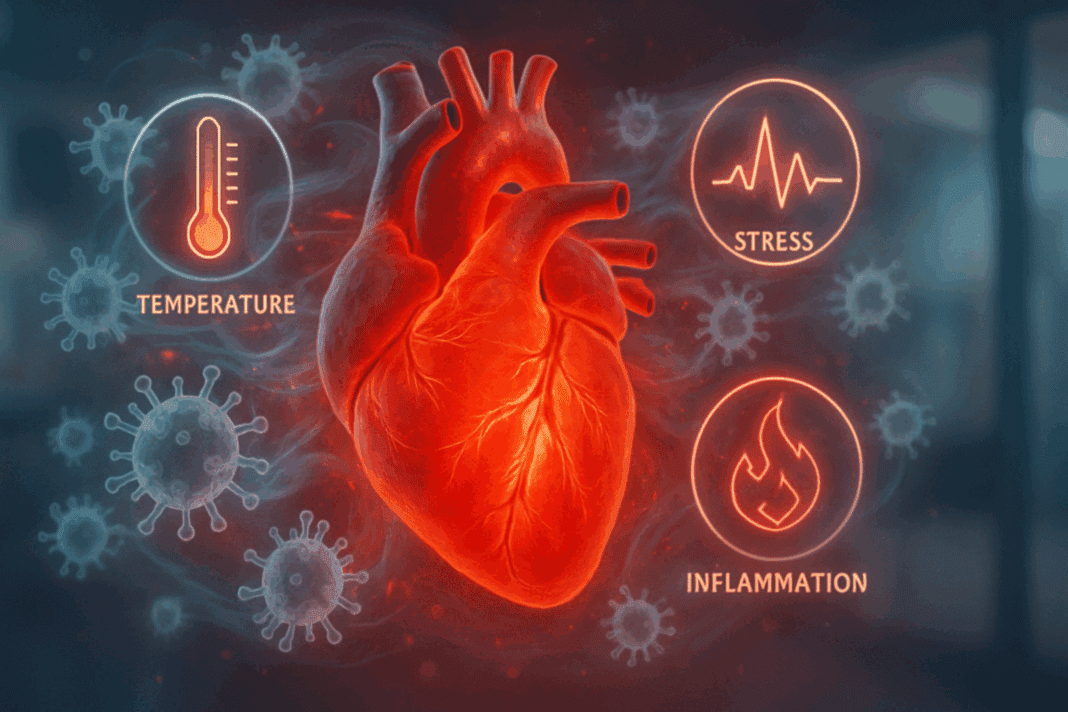 Human heart beating rapidly with viral particles and inflammation indicators—shows why heart races when you're sick.