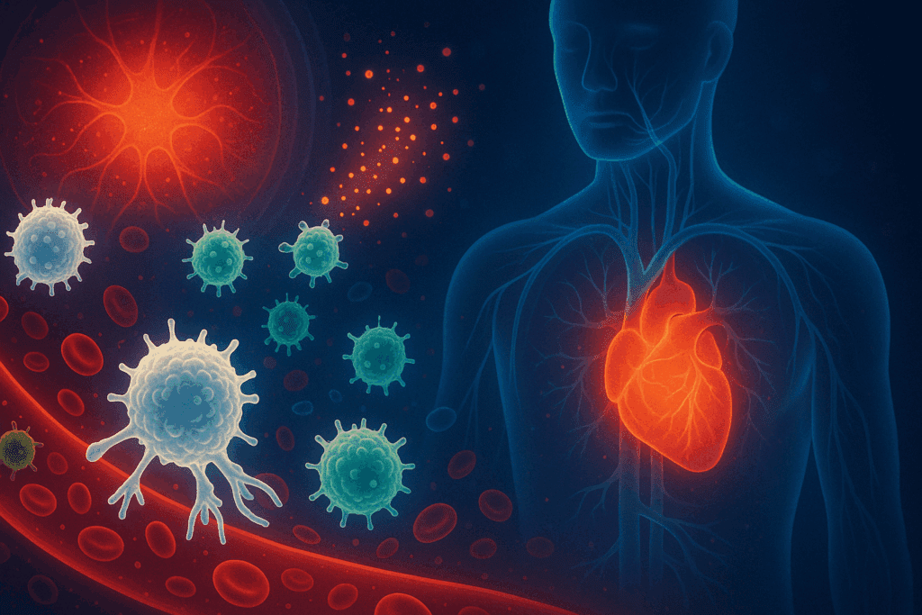 Stylized white blood cells attacking pathogens in the bloodstream as the heart races when you're sick, with glowing nerves and cytokine inflammation.