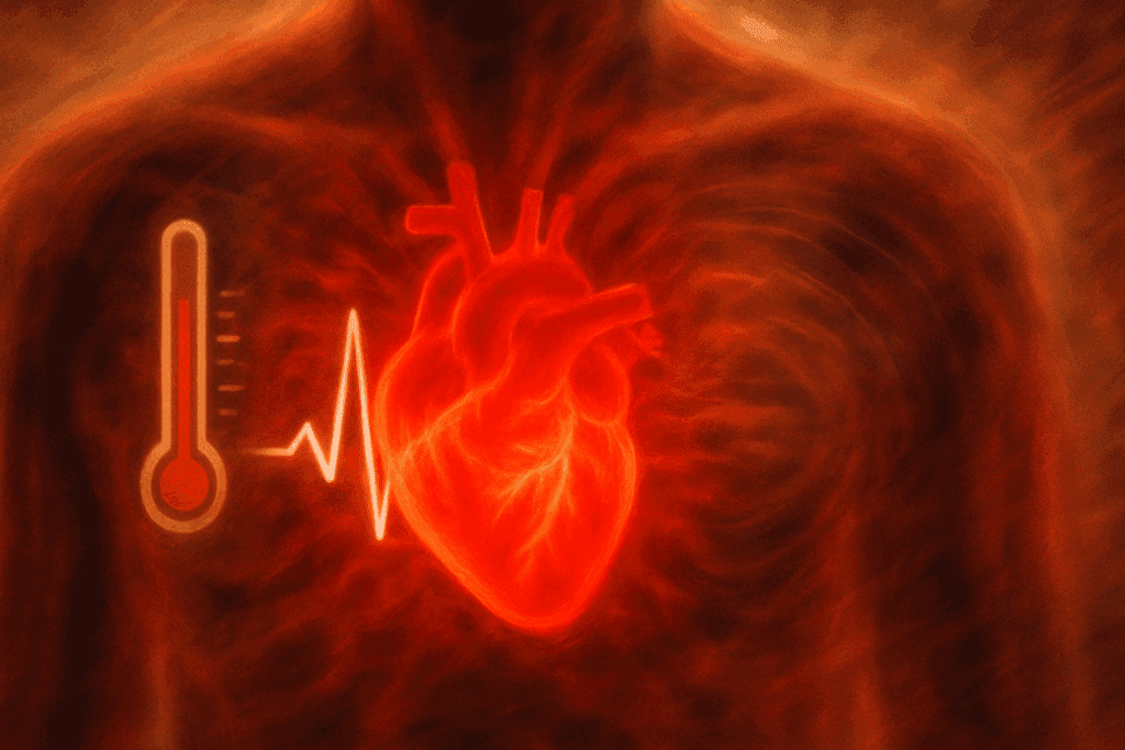 Heart races when you're sick illustrated by a glowing human heart beating rapidly with heatwaves, stress lines, and a thermometer overlay.