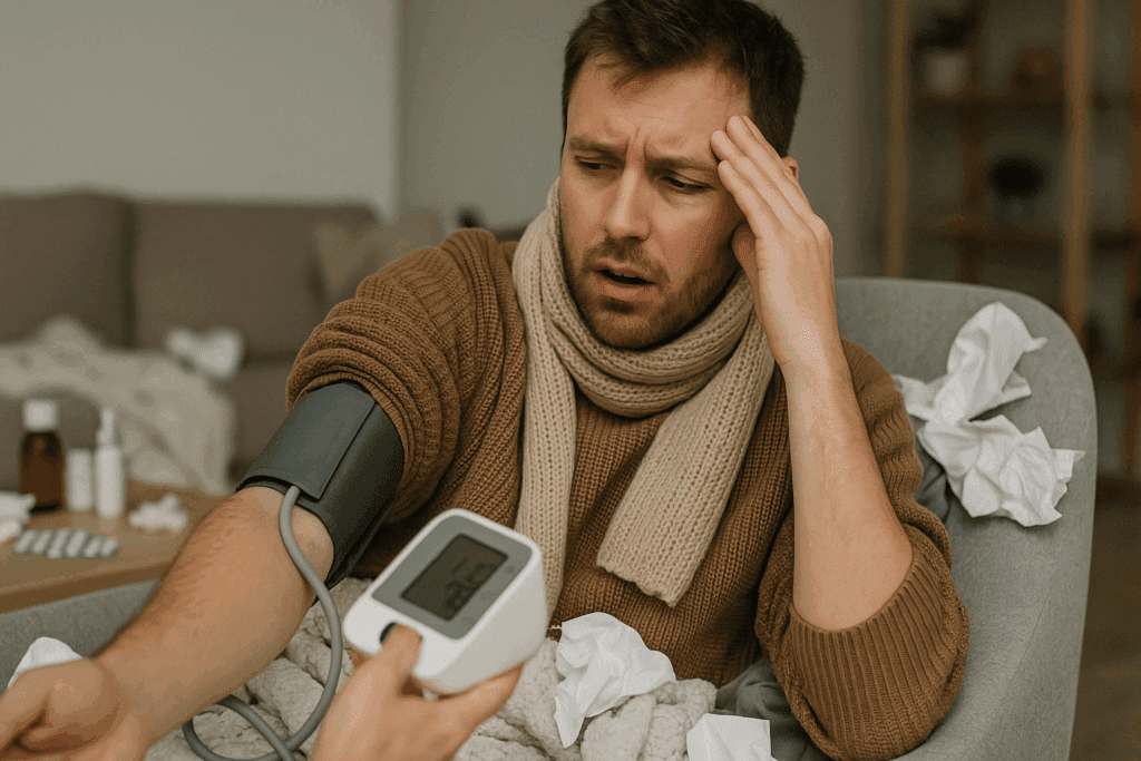 Tense man checking his blood pressure at home while sick, surrounded by tissues and medicine, illustrating why your heart races when you're sick.
