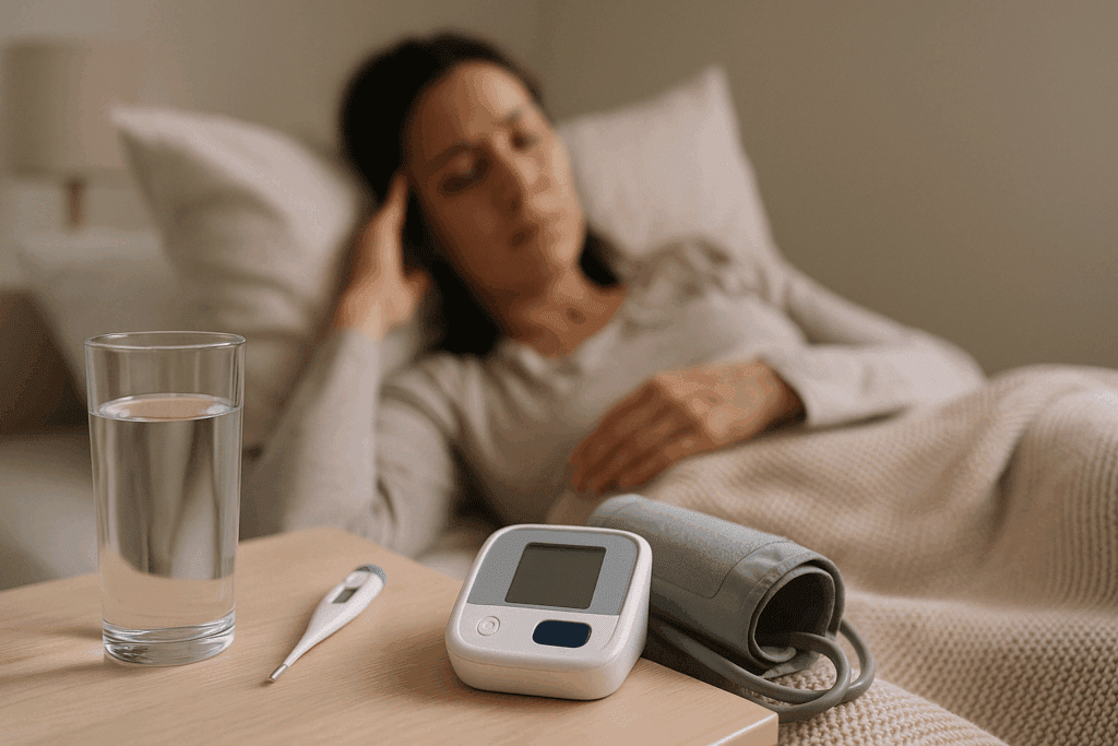 Sick woman resting in bed with a thermometer, water, and heart rate monitor nearby, illustrating how your heart races when you're sick