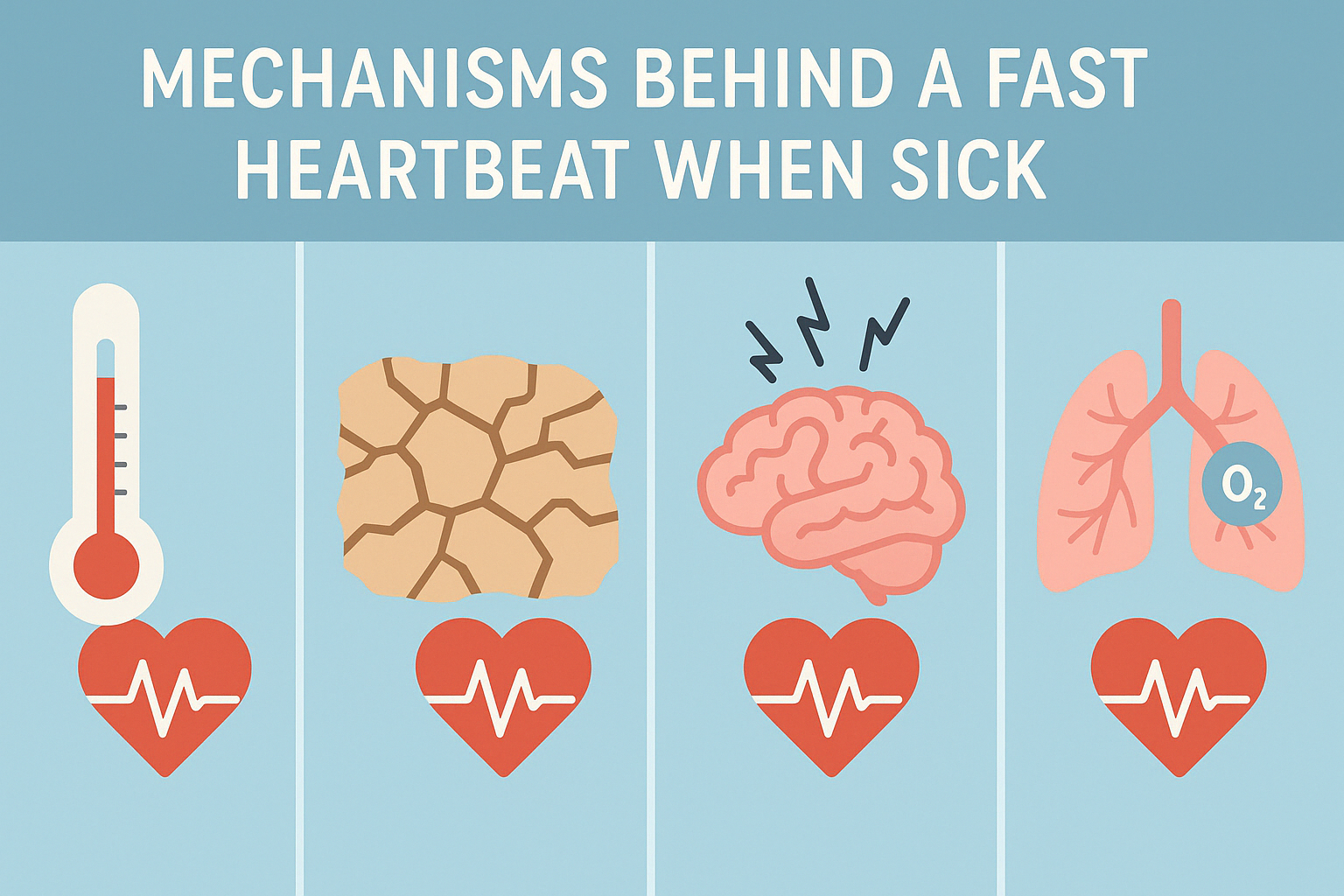 Visual infographic showing four causes of why your heart races when you're sick: fever, dehydration, anxiety, and hypoxia, using symbolic icons.