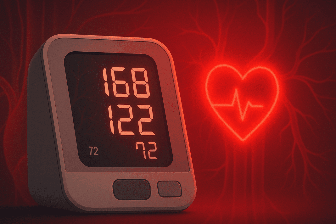 Digital blood pressure monitor displaying a dangerously high diastolic reading, illustrating what does a BP bottom number of 122 mean in a clinical context.