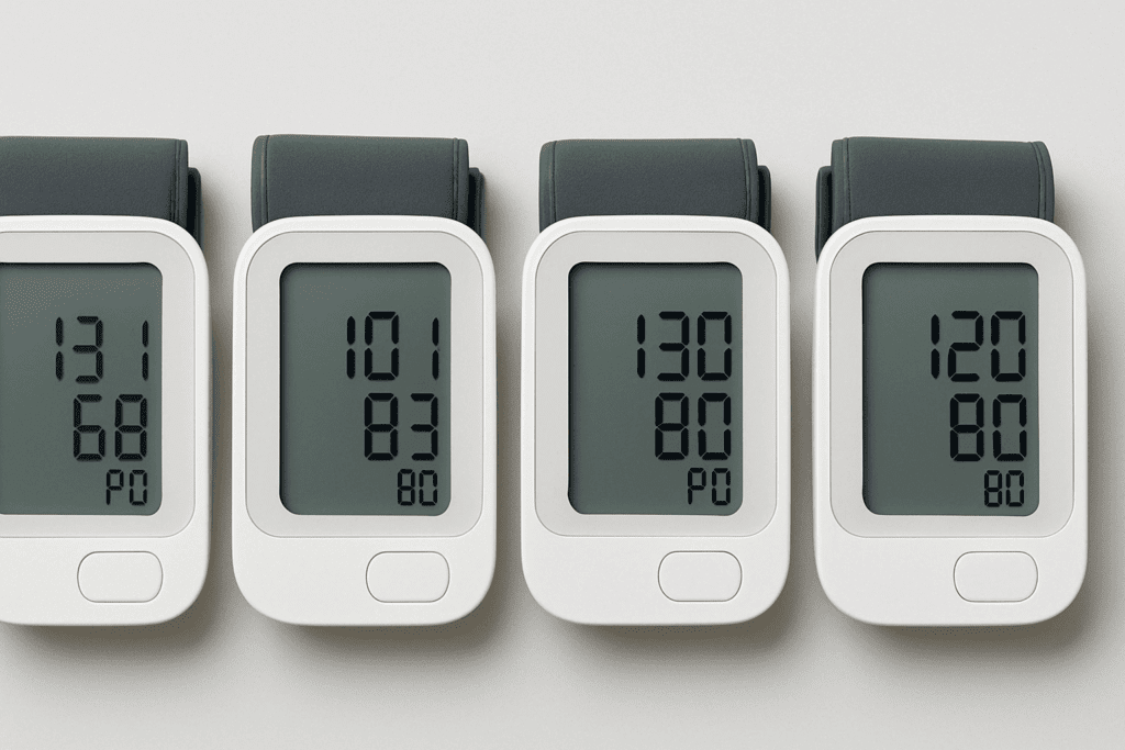Four digital blood pressure monitors showing varied readings to visually support context for interpreting results like what does a BP bottom number of 122 mean