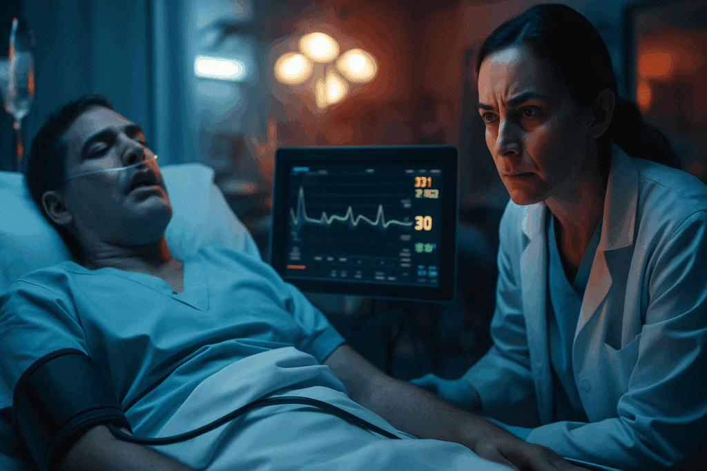 Patient in a hospital bed being monitored for critically high blood pressure while a doctor urgently reviews vital signs on a screen, illustrating what does a BP bottom number of 122 mean.
