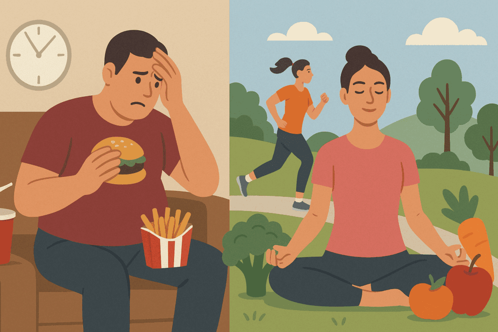 Split illustration showing unhealthy habits like fast food and stress versus healthy behaviors like jogging and meditation, visually representing lifestyle impacts related to what does a BP bottom number of 122 mean.