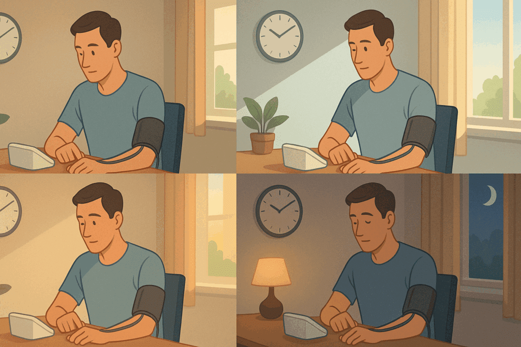 Man checking his blood pressure at home at different times of day to illustrate fluctuations and ask what does a BP bottom number of 122 mean