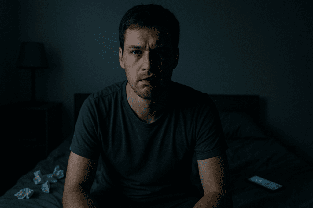 Man in a dimly lit room showing mixed emotions of calm and frustration, illustrating how to know if you have sleep insomnia.