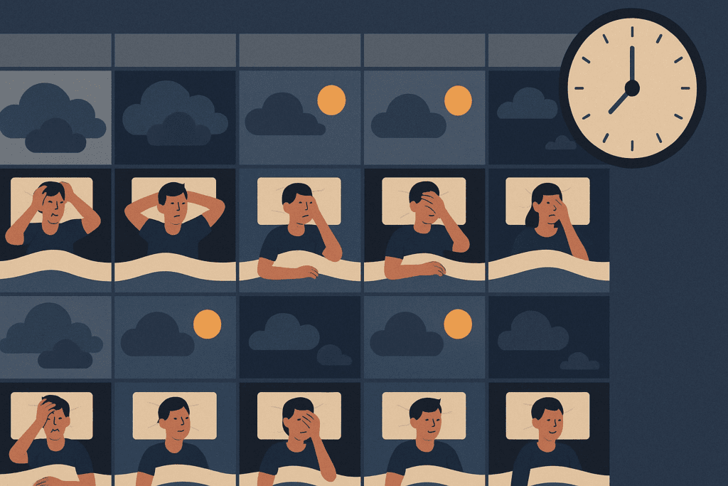 Illustration showing how to know if you have sleep insomnia through varied nightly sleep patterns, with a person tossing in bed under moody clouds and calm skies on alternating days