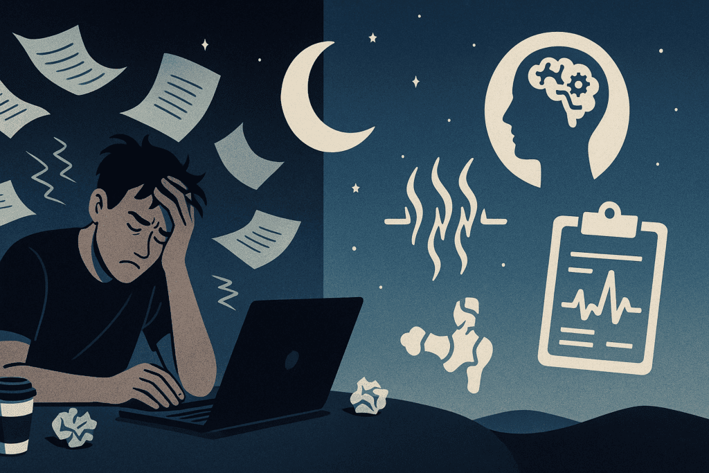 Split-screen showing a stressed man with coffee and paperwork on one side and medical icons on the other, illustrating how to know if you have sleep insomnia.