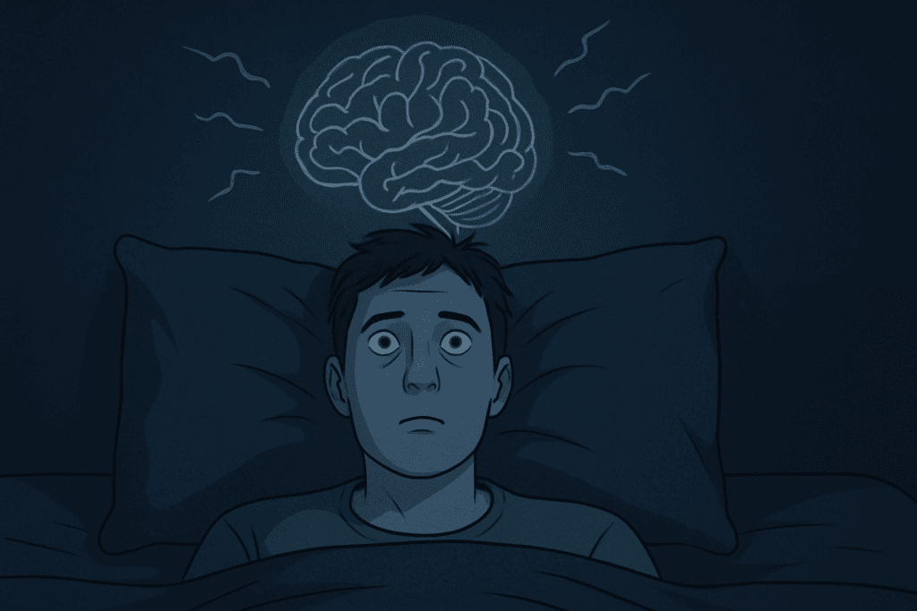 Person lying awake in bed at night with open eyes and a visible brain overlay showing racing thoughts, illustrating how to know if you have sleep insomnia.