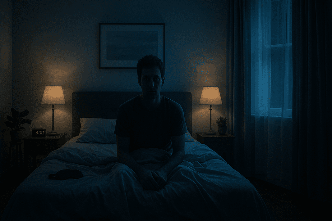 Anxious man sitting awake at 3 AM in dim bedroom, showing signs of how to know if you have sleep insomnia.