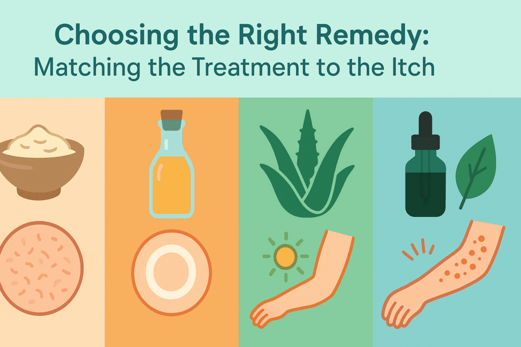 Infographic comparing natural anti itch remedies like colloidal oatmeal, apple cider vinegar, aloe vera, and herbal oils with matching skin conditions