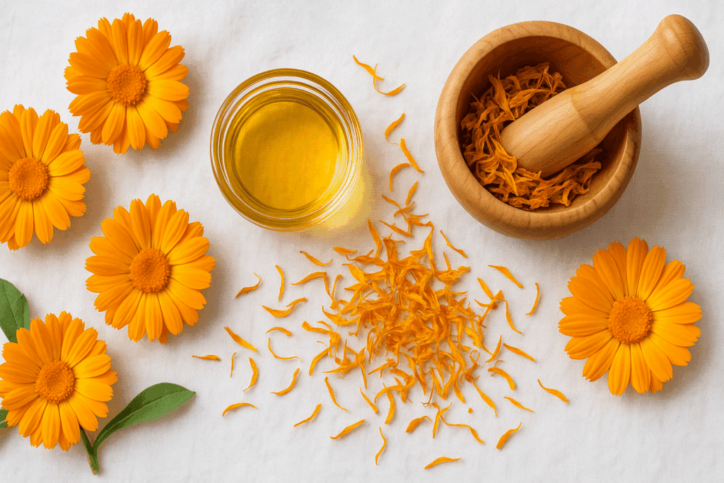 Calendula flowers, dried petals, and infused oil in a wooden mortar on white cloth—ingredients for a natural anti itch remedy