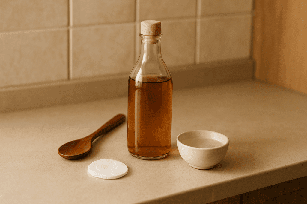 Glass bottle of apple cider vinegar with wooden spoon, cotton pad, and water bowl on a clean countertop—used as a natural anti itch remedy.