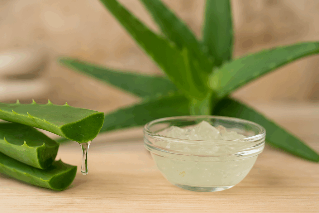 Fresh aloe vera leaf dripping gel beside a glass bowl in a spa setting, highlighting its use as a natural anti itch remedy