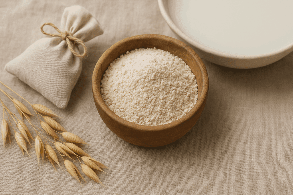 Colloidal oatmeal powder in a wooden bowl with oat stalks and a linen sachet beside a milky bath, evoking a natural anti itch skin-soothing ritual.