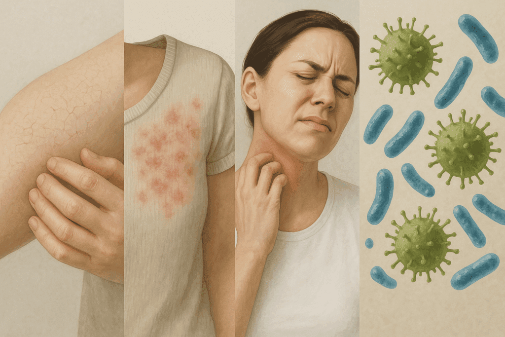 Common causes of itchy skin shown side by side, including dry cracks, fabric allergy rash, stress irritation, and allergens—ideal for natural anti itch remedies.