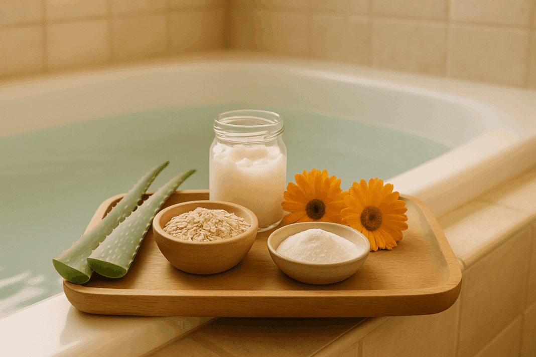 Wooden tray with aloe, oatmeal, calendula, coconut oil, and baking soda for natural anti itch skincare by a bathtub.