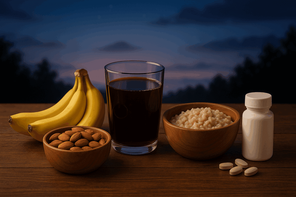 Flat lay of almonds, bananas, tart cherry juice, oatmeal, and magnesium supplements on a wooden table at dusk, promoting better sleep and reducing tossing and turning.