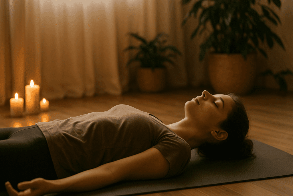 Person lying peacefully on a yoga mat in a candlelit room, practicing meditation to reduce tossing and turning before sleep