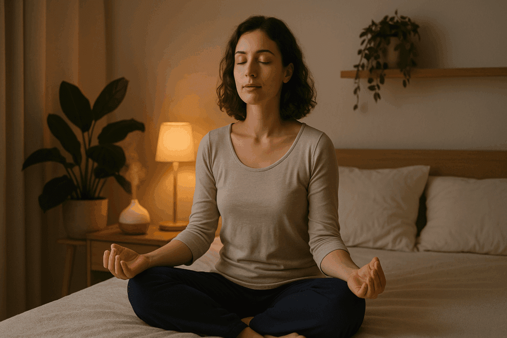 Woman meditating calmly on a bed in a softly lit bedroom to prevent tossing and turning before sleep