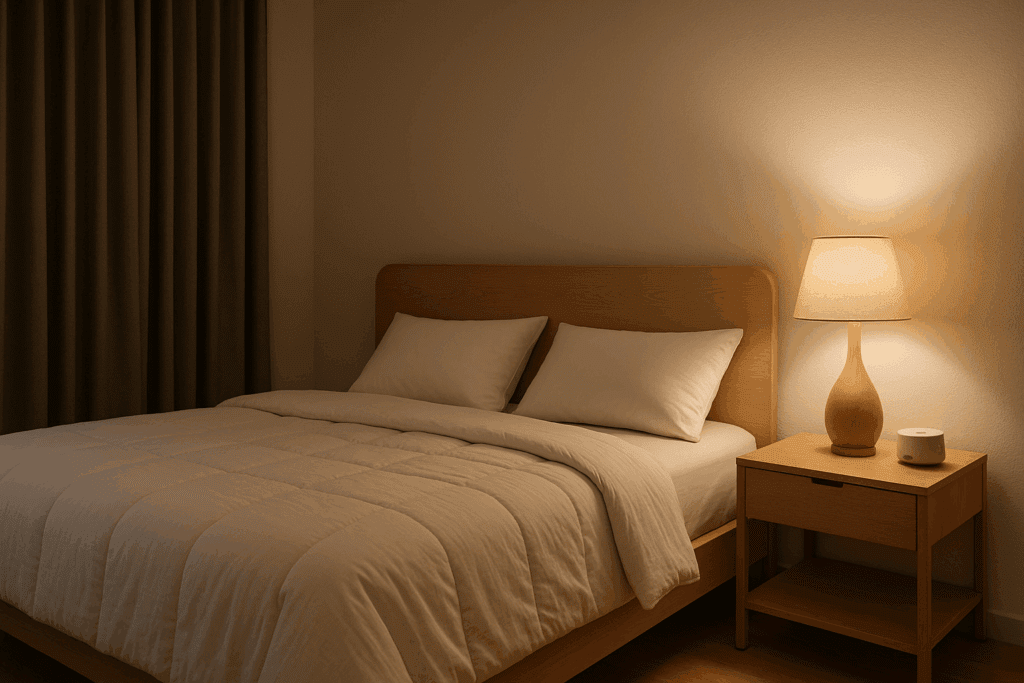 Minimalist bedroom with dim lighting, blackout curtains, and a white noise machine designed to reduce tossing and turning.