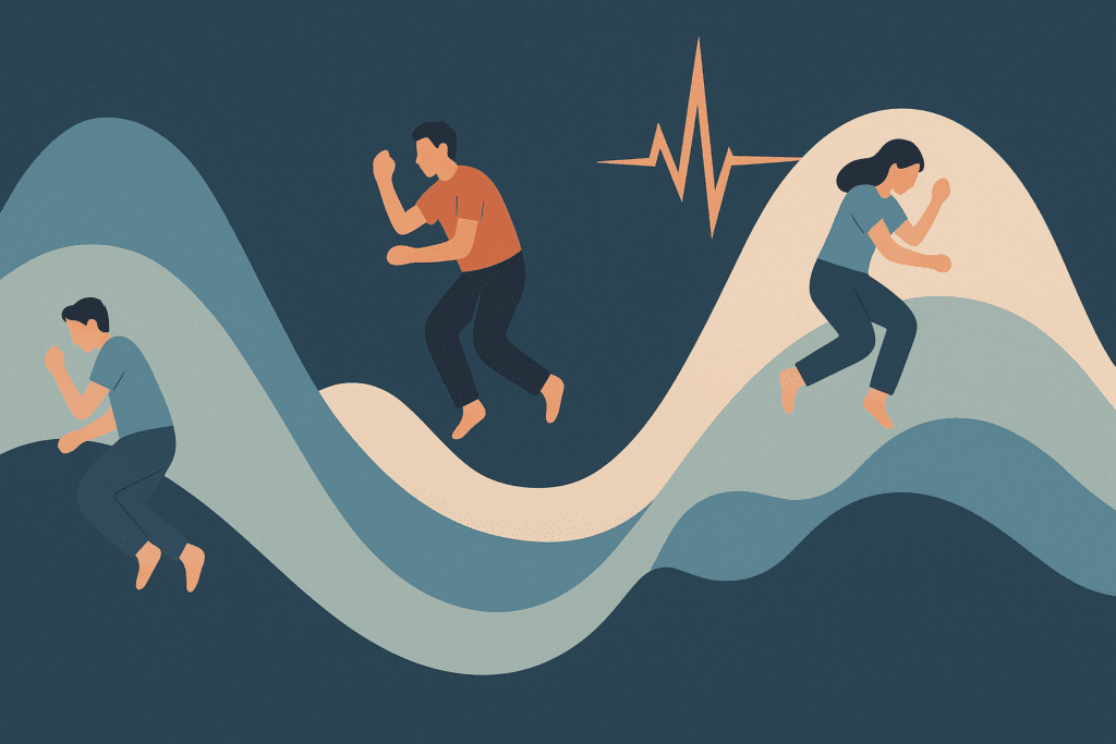 Diagram of the human sleep cycle with waves and abstract figures symbolizing tossing and turning during fragmented REM and non-REM sleep.