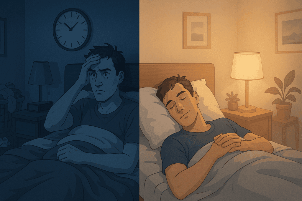 Split-screen of a man tossing and turning in bed at 3 a.m. beside his calm, peacefully sleeping self in a serene bedroom.
