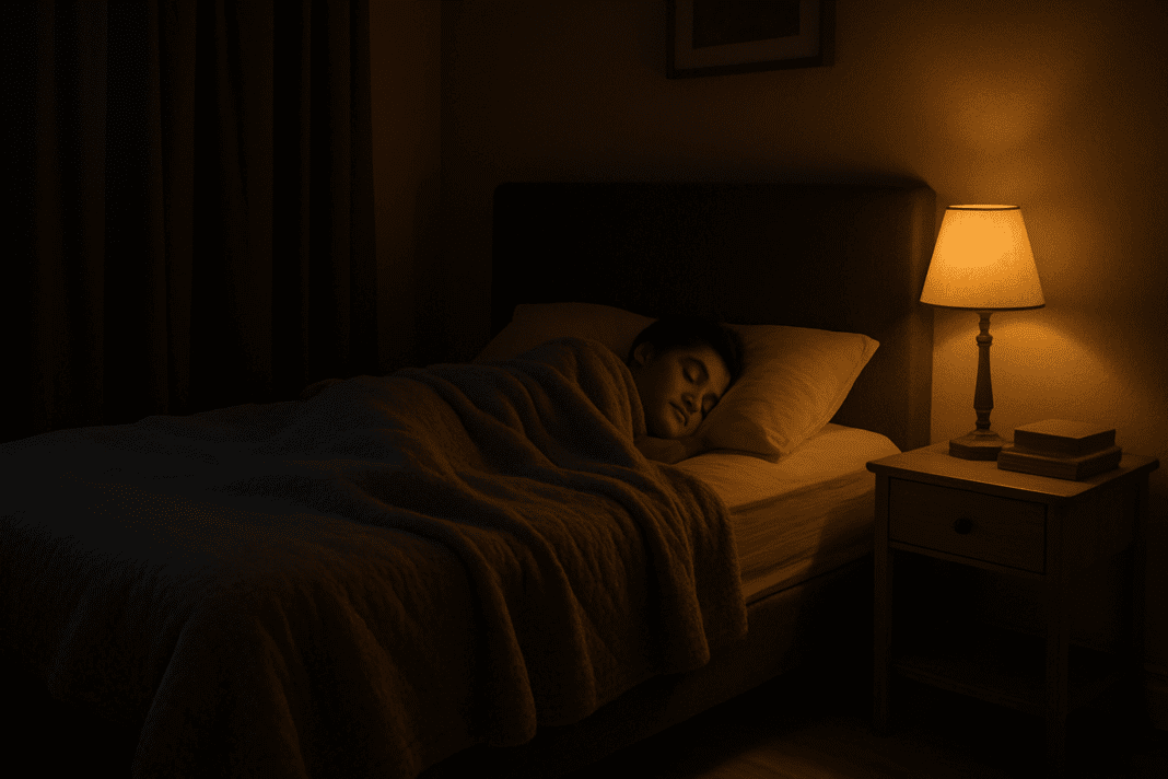Person peacefully sleeping in a dimly lit bedroom after a night of tossing and turning, with blackout curtains and a cozy blanket.